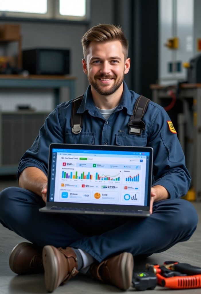 HVAC technician with laptop reviewing digital marketing campaign