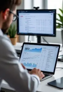 Comprehensive SEO audit process showing website analysis and performance metrics