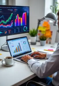 Professional content writer creating SEO-optimized article with keyword research tools and analytics dashboard visible on laptop screen