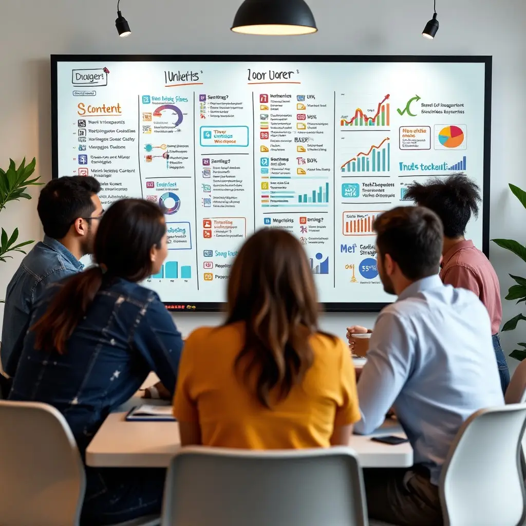 Team developing a content marketing strategy with charts and digital tools